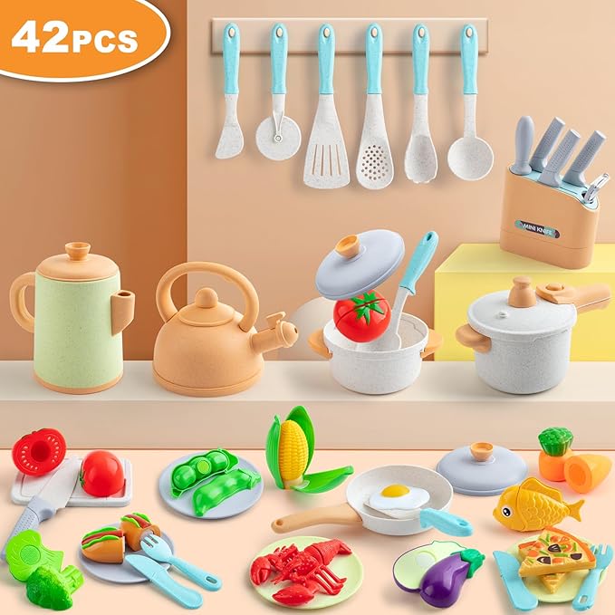 42Pcs Play Kitchen Accessories, Pretend Play Kids Kitchen Playset Toys with Cookware Pots and Pans, Cooking Utensils, Play Food Sets, Preschool Learning Education Toys Gift for Toddlers Girls Boys