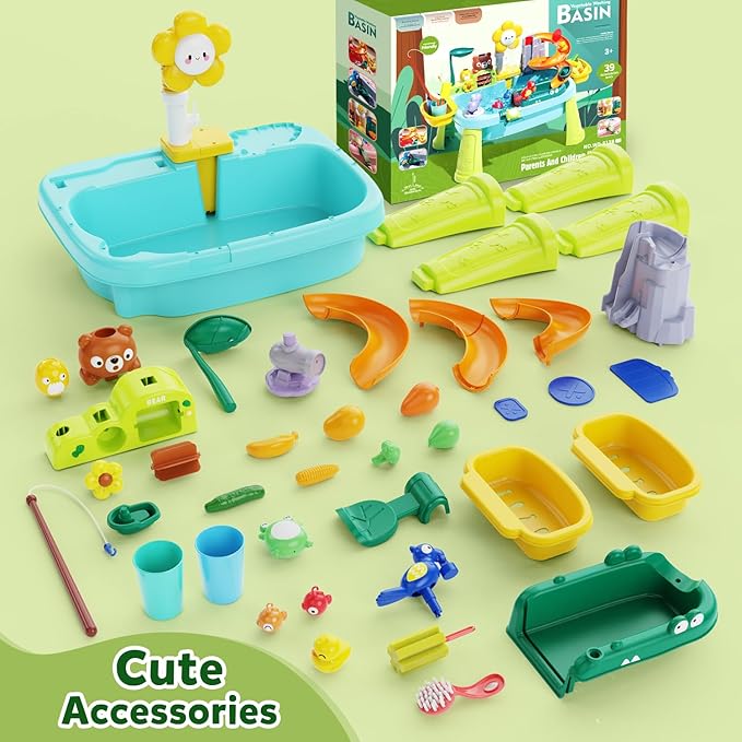 Water Table for Toddlers 1-3, Water Table for Kids Ages 4-8 with Pump, Sensory Tables with Play Vegetables, Tableware & Fishing Game, Outdoor Toy Summer Beach for Kids Boys Girls Age 3 4 5 6 7 8