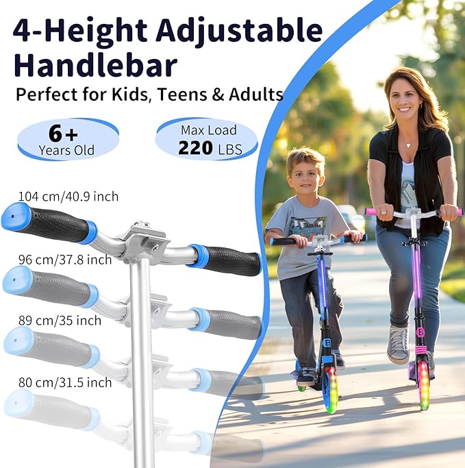 BELEEV V8 Scooters for Kids Ages 6+ with Light-Up Deck, 2 Wheel Folding Scooter for Adults Teens, 4 Adjustable Height, Lightweight Sport Commuter Scooter, Sturdy Frame, Max Load 220 lbs