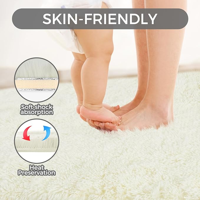 Ultra Soft Rug for Living Room, 3X5 Fluffy Shag Area Rug for Bedroom, Modern Shaggy Carpets Fuzzy Rug for Teens Dorm Nursery Home Decor Aesthetic, Upgrade Anti-Skid Durable, Cream White