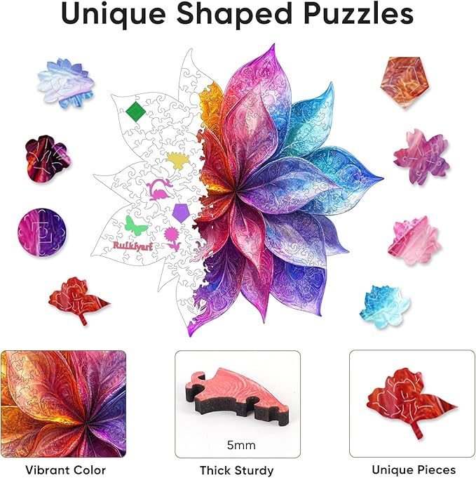 Colorful Flower 200 Pieces Wooden Jigsaw Puzzles for Adults with Unique Irregular Shape Fun Challenging Puzzles for Kids and Couples on Birthday, Father's Day, Christmas 13"*13"