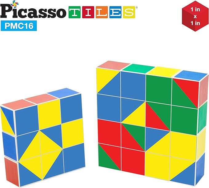 Picasso Cubes 16 Piece Magnetic Puzzle Game Magic Cube Puzzles Brain Teaser Set Kids Toy Magnet Pattern Block Matching Toys with Free Ideabook 100+ Inspirations Included STEM Learning Early Education