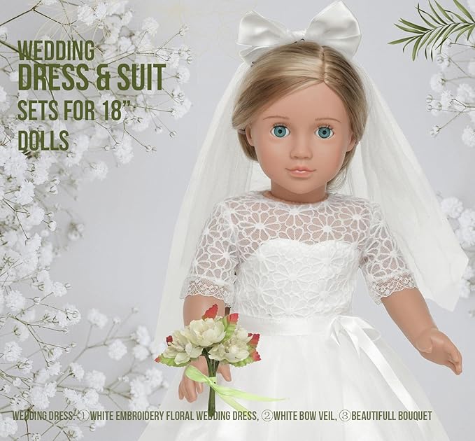 Doll Clothes Accesories First Communion Wedding Dress and Suit Set for American 18 inch Doll Boy and Girl