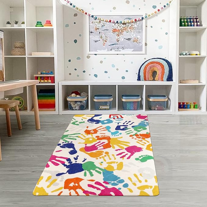 STARUIA Handprints and Footprints Kids Rug for Playroom, 3'x5' Washable Colorful Nursery Rug for Boys and Girls Room, Ultra Soft Non-Slip Carpet Indoor Mat for Classroom Bedroom
