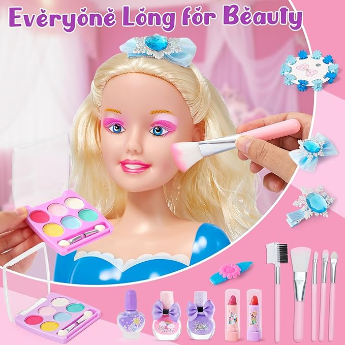 Hair Styling Doll Head Makeup for Girls Toys Kids Practice Pretend Play Beauty Set with Hairdryer Curling Iron Crown Brushes Comb Accessories Birthday Gifts for Girls 3 4 5 6+ Years Old Christmas