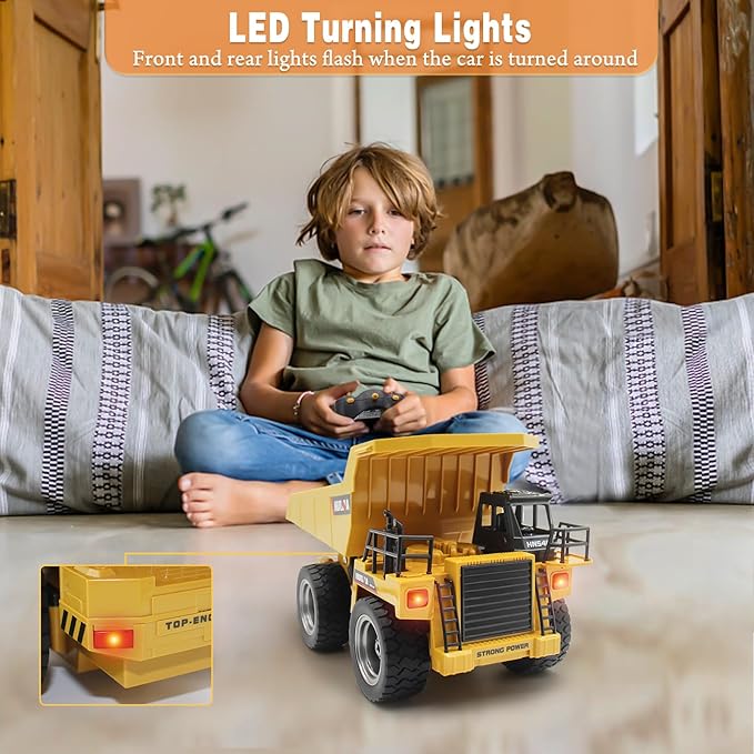 fisca Remote Control Dump Truck 2.4Ghz 4WD RC Truck 6 Channel Mine Construction Vehicle Toy Machine Model with LED Light and Metal Cab for Kids