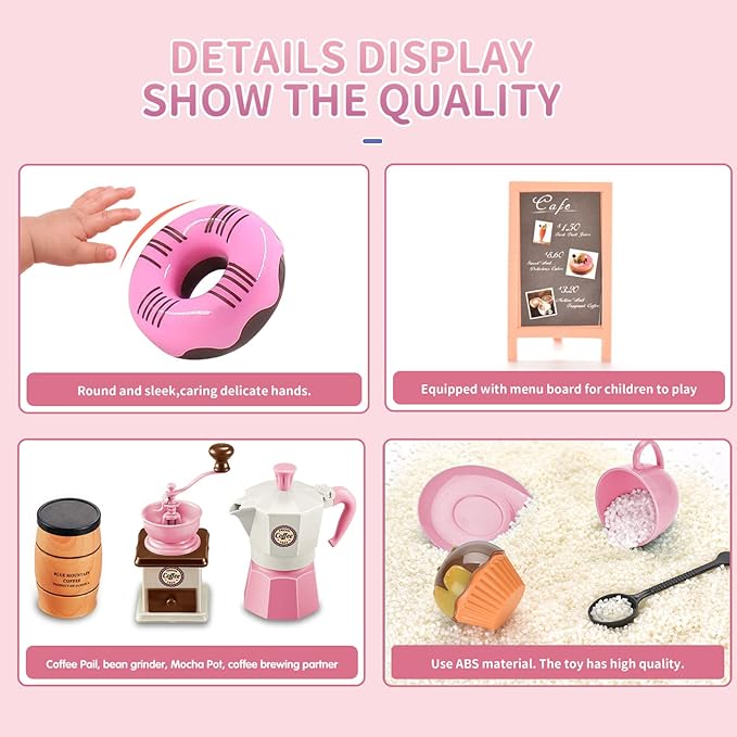 Pretend Tea Party Set for Little Girls, 41 PCS Coffee Maker Set and Play Food Dessert Set for Kids Age 3 4 5 6 7 8 9（Pink）