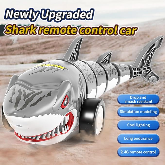 Remote Control Shark Toy, RC Toy Cars for Boys, 2.4Ghz Most Terrains Terrain Remote Control Shark car with Light, Swinging Tail, Rechargeable Race Stunt Car for Gift