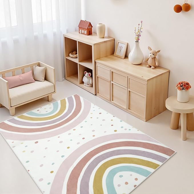 STARUIA Boho Rainbow Rug for Kids Room, 4x6 Washable Nursery Rug for Girls Bedroom Princess Castle, Soft Kids Carpet Non-Slip Area Rug for Classroom Playroom Tent