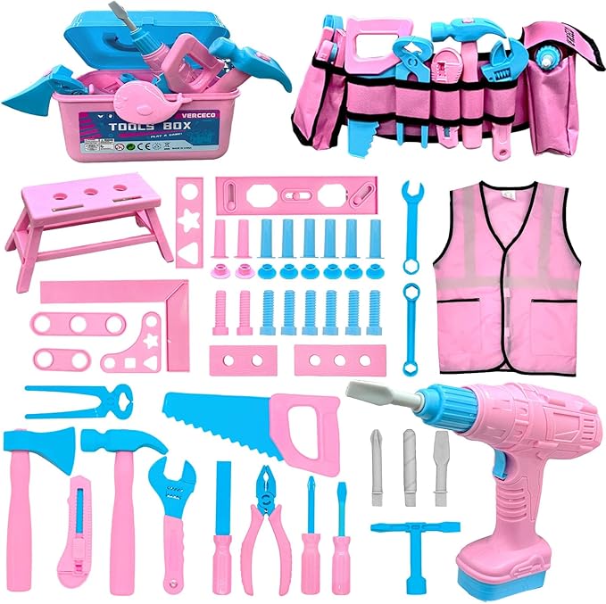 Kids Tool Set 55Pcs Tool Box Toddler Tool Kit for Girls Play Tools Toy with Tool Belt Electronic Toy Drill Safety Vest Pretend Play Construction Toy for Girls Boys Ages 3 4 5 6 7 Years Old