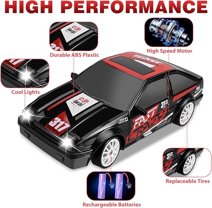 Remote Control Car 1/24 2.4GHz 4WD RC Drift Car, Rechargeable High Speed RC Cars with Cool Lights, Two Batteries and Extra Tires Toys for Kids