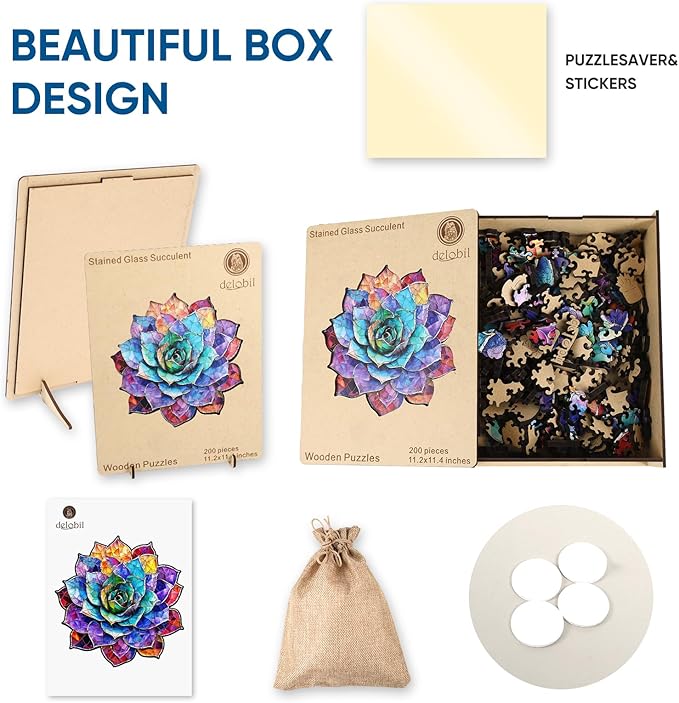 Stained Glass Succulent Wooden Puzzles for Adults, 500 Pieces Mandala Jigsaw Puzzles, Unique Shaped Royal Size Wood Puzzle Gift for Kids, Family Game 16.4'' x 16.7''