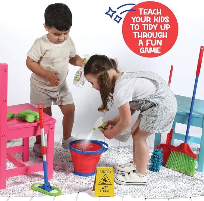 Play22 Kids Cleaning Set 12 Piece - Toy Cleaning Set Includes Broom, Mop, Brush, Dust Pan, Duster, Sponge, Clothes, Spray, Bucket, Caution Sign, - Toy Kitchen Toddler Cleaning Set - Original