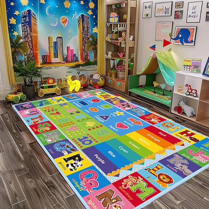ABC Carpet,Kids Carpet for Playroom, Classroom Floor Play Mat for Kids,Preschool Rugs wtih ABC, Numbers, Animals, Extra Large Thick (110X78.7 Inch)