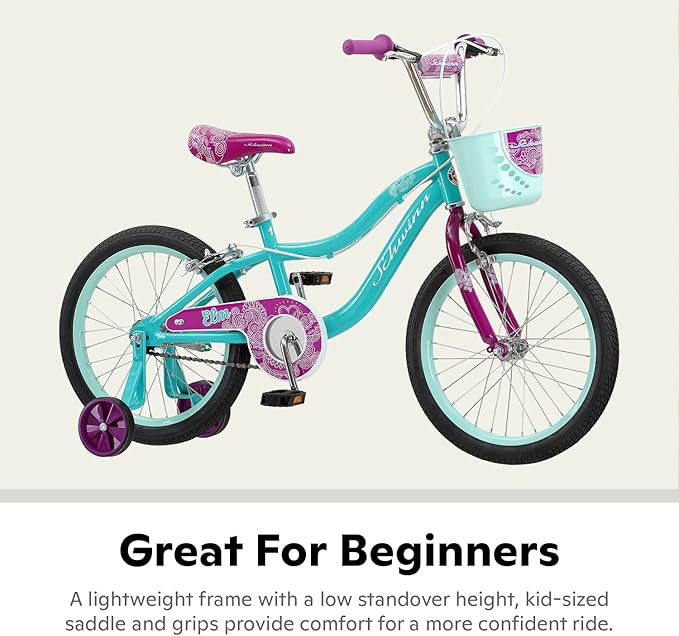 Schwinn Elm BMX Style Toddler and Kids Bike, For Girls and Boys, 18-Inch Wheels, With Training Wheels, Chain Guard, and Front Basket, Recommended Height 42-52 Inch, Teal
