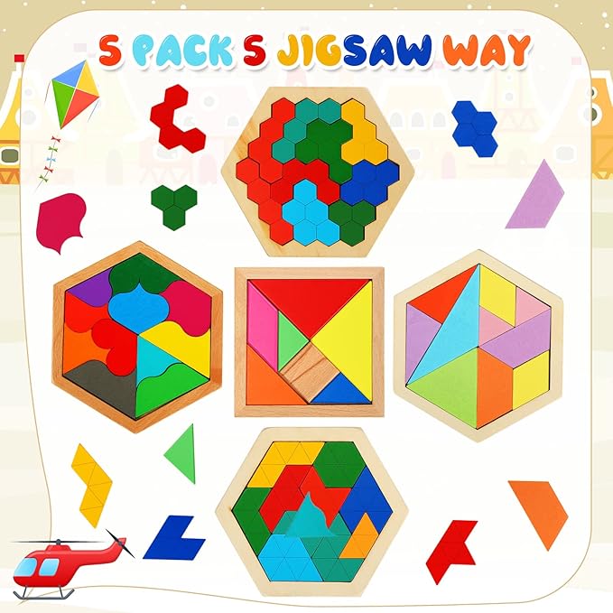 5 Pack Wooden Tangram Puzzle for Kids Wooden Hexagon Puzzle Block Teaser Geometric Shapes Tangram Games for Jigsaw 3D Logic IQ Game Gift(Geometry)