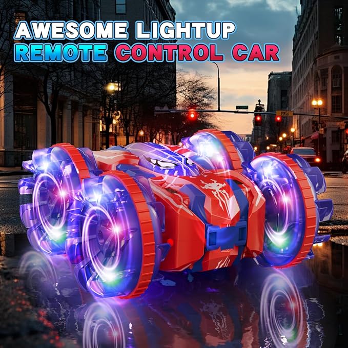 4WD Waterproof RC Car, 2.4 GHz Amphibious Remote Control Car Remote Control Boat for Kids, 360°Rotation RC Truck Stunt Cars with LED Lights, Boys Girls Gifts All Terrain Water Beach Pool Toy
