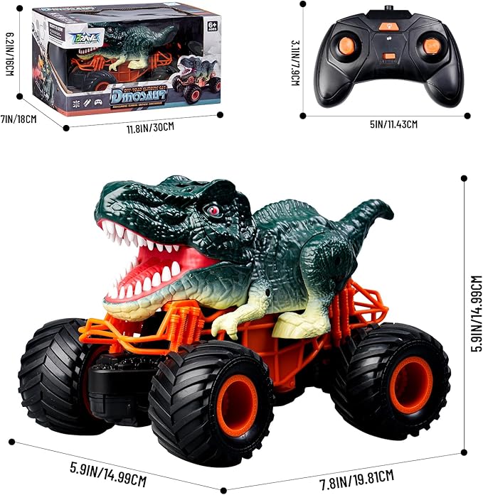 Dinosaur Monster Truck Toys - Remote Control Dinosaur Car, 2.4Ghz RC Truck with Lights, Music & Spray - Electric Hobby RC Cars for Toddlers - Birthday Gift for Kids Boys Girls Ages 2-8 (Green)