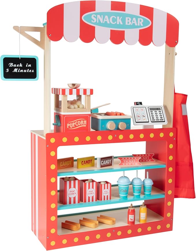 Movie Theatre Snack Bar Wooden Playset - Pretend Concession Stand Fun- Full Set w Popcorn Machine Hot Dogs Candy Bars Sodas Cash Register Credit Card- Kids Play Food Activity Center for Daycare & More