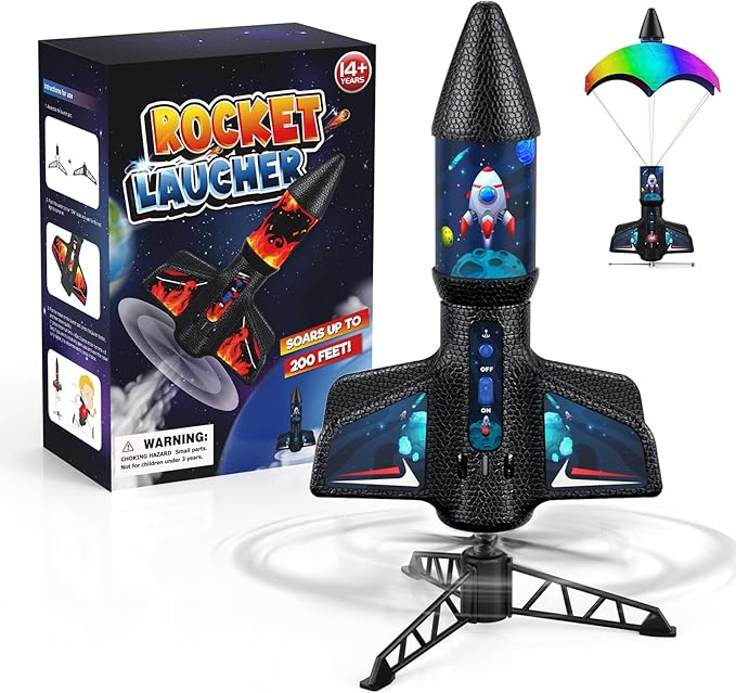 Rocket Launcher for Kids with Launch Set Up to 200 Ft Air Model Rocket Toy with Parachute, Space Ship Outdoor Toys for Ages 8-13 Boy Birthday Gift Birthday Gift for Kids