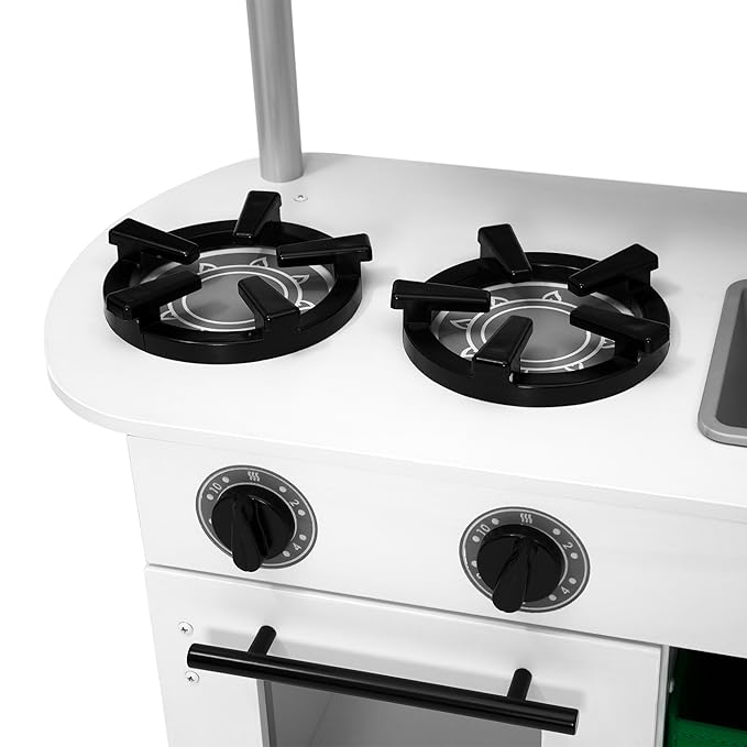 Delta Children Deluxe Modern Kitchen - Toy Kitchen Playset with Realistic Knobs That Turn/Click, Oven, Sink and Fridge/Freezer with Ice Maker, White