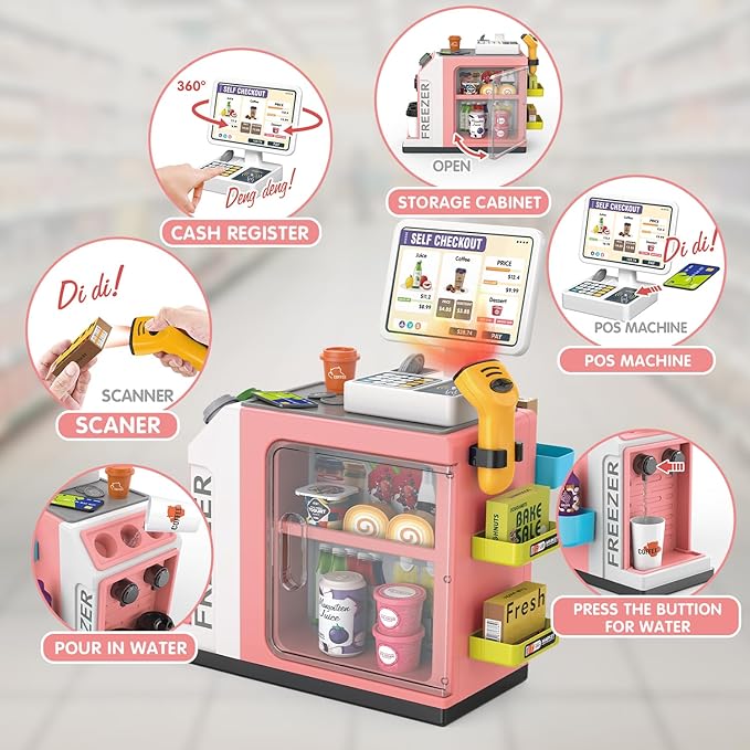46PCS Cash Register Playset for Kids Pretend Play Coffee Machine with Water Outlet Function, Mini Supermarket Grocery Store with Money, Scanner,Play Foods, Gift for Boys and Girls (Pink)