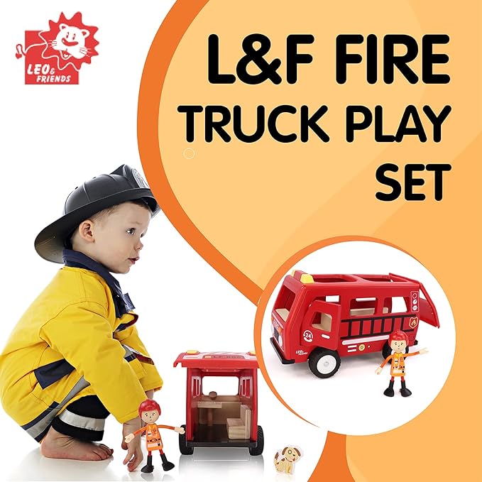 Leo & Friends Fire Truck Play Set - Wooden Kids Toy for 3-Year-Olds and Older - 3-Piece Educational Toy for Kids - Durable Wooden Toy Train Set for Toddles - Christmas Birthday Gifts