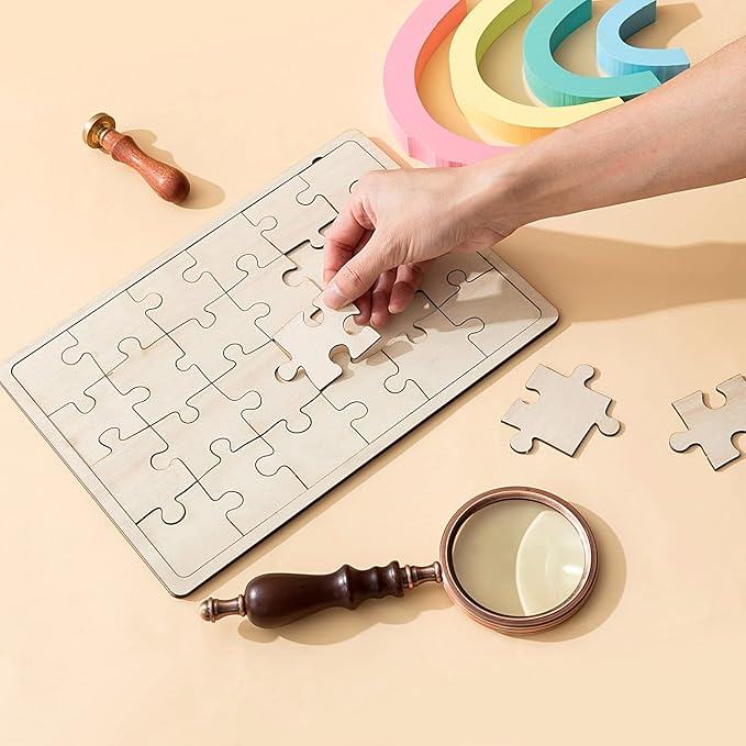 Deekin 30 Sheets Unfinished Wood Blank Puzzles Customizable Blank Wooden Pieces Freeform Things to Paint, Write and Draw On, Wooden Jigsaw Puzzles for Kids DIY Craft, 8.9 x 5.9 Inch