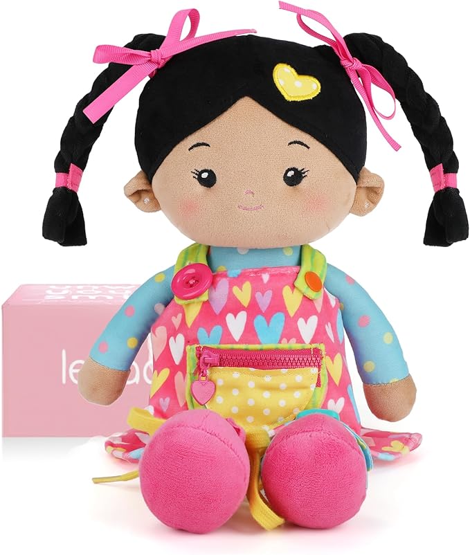 Soft Bady Educational Soft Baby Doll(16''), Learning Sensory Doll for Toddlers, Montessori Toys for 2-Year-Old Girls Christmas, Birthday Gifts, Plush Doll with Button-Busy Sweetheart Tanned