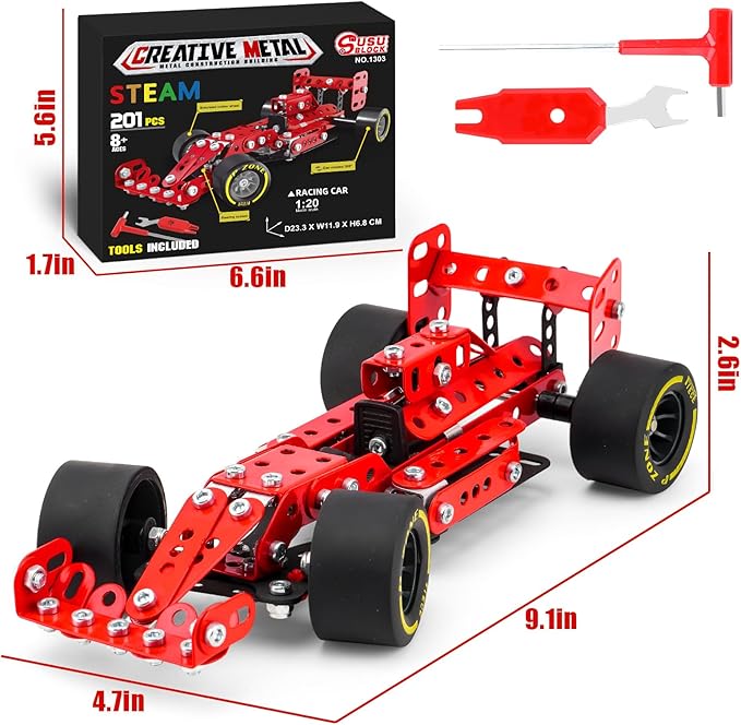 Building Car Metal Model Kits,STEM Building Toys Model Car Kits for Boys 8-12,Erector Set 1:20 Scale Red Racing Car Metal Building Blocks for Kids Boys 8 9 10 11 12-16 Years Old