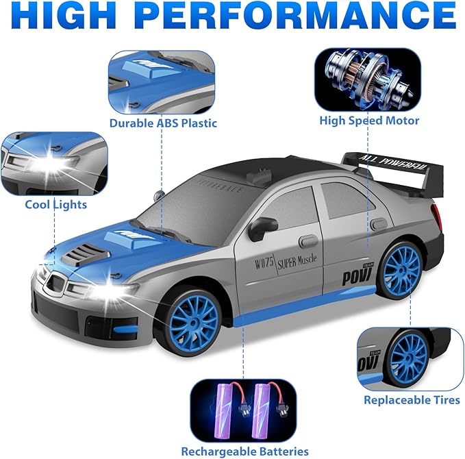 Remote Control Car, 1/24 2.4GHz 4WD RC Drift Car High Speed RC Cars Racing Cars with Cool Lights, Two Rechargeable Batteries and Extra Tires Toy Car for Kids Boys Adults