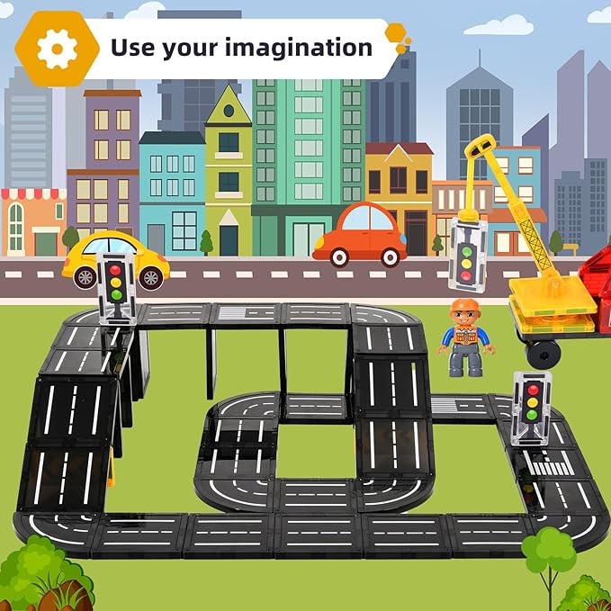 Magnetic Tiles Road Expansion Pack, Magnetic Building Blocks Construction Toys for 3+Year Old Boys Girls, Kids Toy Montessori Toys for Toddler.