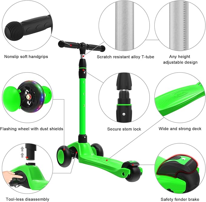 Allek Kick Scooter B03, Lean 'N Glide 3-Wheeled Push Scooter with Extra Wide PU Light-Up Wheels, Any Height Adjustable Handlebar and Strong Thick Deck for Children from 3-12yrs (Lime Green)