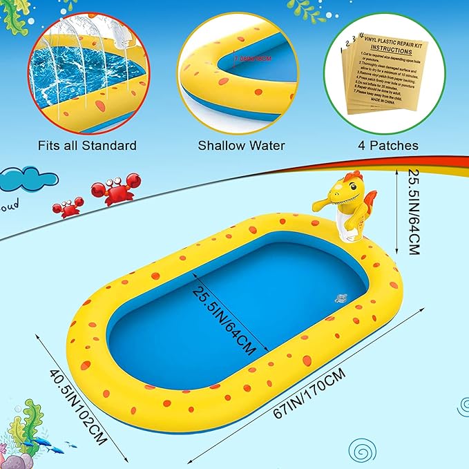 Inflatable Sprinkler Pool for Kids, Cute Dinosaur Kiddie Pool, 3-in-1 Backyard Splash Pad Swimming Outdoor Water Toys for Toddlers