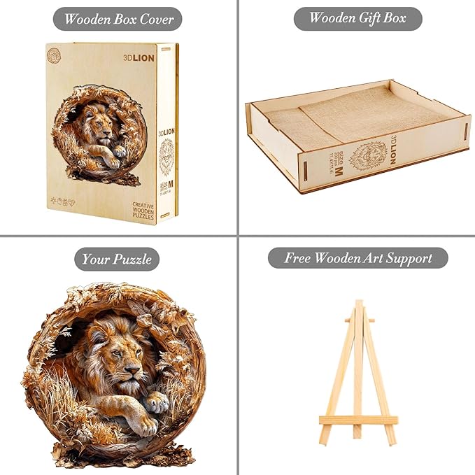 Wooden Puzzles for Adults, 3D Lion (S-100pcs) Wooden Jigsaw Puzzles Kids, 8.5 * 8.5in Unique Shaped Animal Wood Puzzles Adults 3D Vision Flat Puzzle Family Games