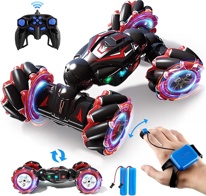 1:12 Red RC Stunt Car, 2.4GHz 4WD Remote Control Gesture Sensor Toy Cars, Double Sided Rotating Off Road Vehicle 360° Flips with Lights Music, Toy Cars for Boys & Girls Birthday