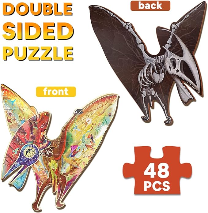 HAS Kids Floor Puzzles for Ages 4-10, 48 PCS Double-Sided Dinosaur Puzzles, Unique Large Pieces Irregular Shape Jigsaw Puzzle, Surprise Gift Toy for Children (Pterodactyl)