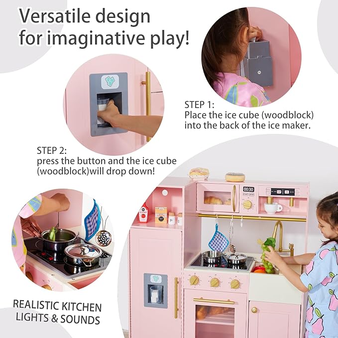 Kids Wooden Play Kitchen for Girls Pretend Toy Kitchen Playset with Real Lights and Sounds and 14 Pcs Fun Accessories, Toddler Pink Play Kitchen Set for Ages 3+