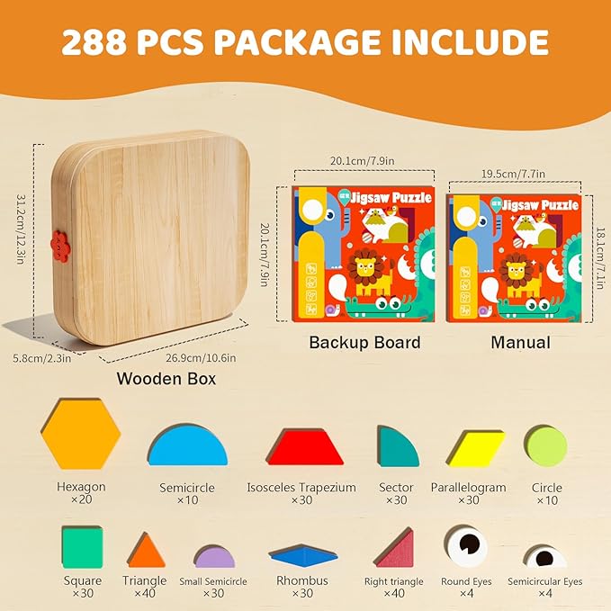 Wooden Magnetic Pattern Blocks Set with Cards, 288 PCS Montessori Tangram Puzzle Learning Toys for Toddlers 3-5, Educational STEM Gift for Kids Boys Girls 3 4 5 6