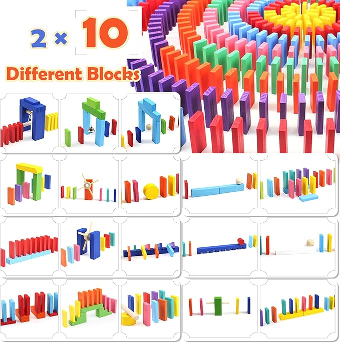 WOOD CITY 1000 Piece Dominoes Set for Kids with Extra 20 Blocks, Colorful Dominos Tiles for Building, Stacking, Racing, Tumbling, Wood Domino with Storage Bag and Box, Educational Toy