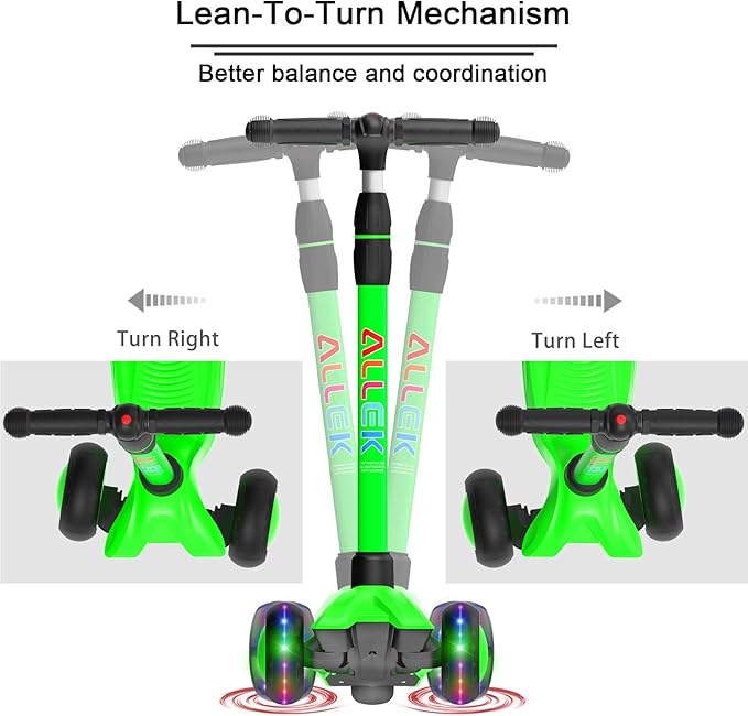 Allek Kick Scooter B03, Lean 'N Glide 3-Wheeled Push Scooter with Extra Wide PU Light-Up Wheels, Any Height Adjustable Handlebar and Strong Thick Deck for Children from 3-12yrs (Lime Green)