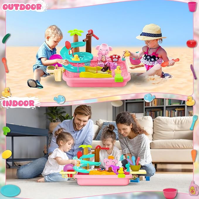 Play Sink with Running Water, 4-in-1 Water Table Toy with Slide Track, Magnetic Fishing Game Floating Toys for Water Play for Kids Toddlers 1-3 3-8 (Pink)