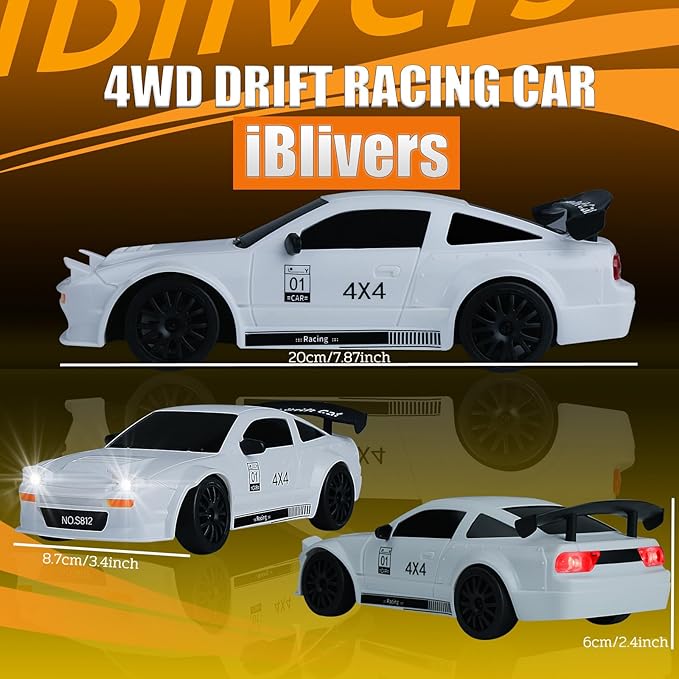 Mini RC Drift Car with Full Proportional Throttle, 1:24 Remote Control Car 4WD Drift GT-RX7 RC Cars Vehicle High-Speed Racing RC Drifting Cars Gifts Toy for Boys Kids (White)