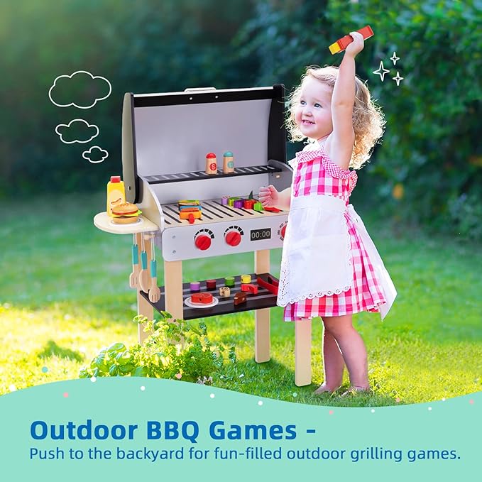 Wooden Play Barbecue Toy Grill, Kids Grill Playset with Toy Food and Grilling Tools, Play Kitchen Accessories for Toddlers Boys Girls Age 3+