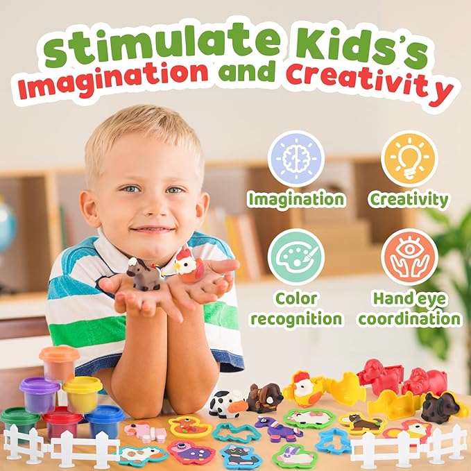 PLAY Farm Animals Clay Sets for Kids Ages 4-8, Color Dough Kit with Animal Molds, Non-Toxic & Safe Toys Gifts for Boys Girls 4-6