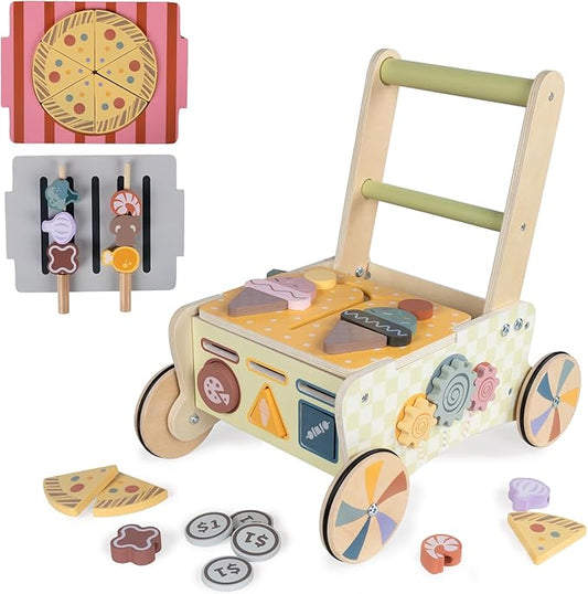 Baby Push Toys, Wooden Play Kitchen Food Cart, Montessori Acitivty Center Walker Toys for 1 2 Year Old Girl Boys Gifts