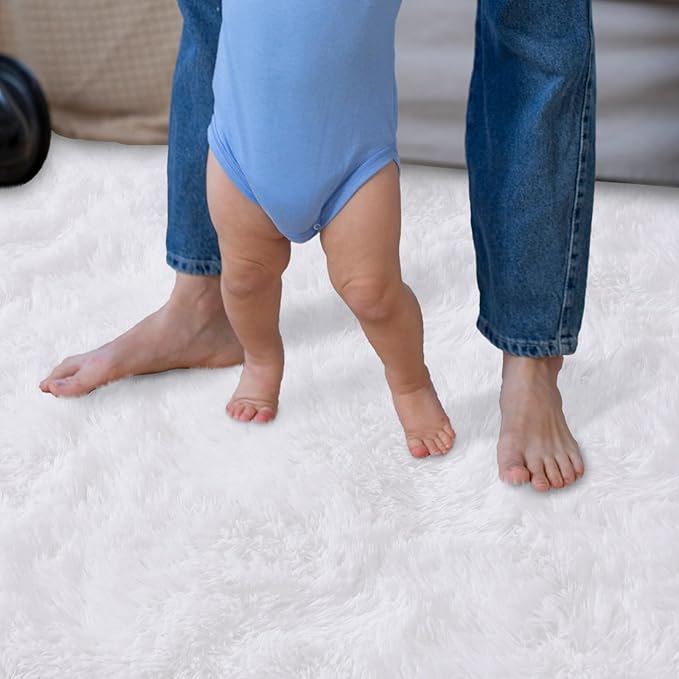 Super Fluffy Area Rug for Bedroom, Modern Shag White Area Rugs, Soft Plush Small Carpet for Kids,Girls Boys and Teens Decorations for Living Room Dorm Nursery Classroom, 9x12 Feet