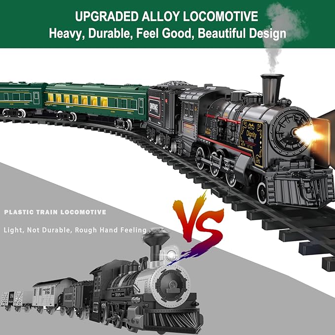 Electric Train Sets for Boys Girls Metal Alloy Christmas Trains Toys Steam Locomotive, Passenger Carriages, Tracks, Light & Sounds Rechargeable Birthday Gifts for Kids 3 4 5 6 7 8 + Years Old Green …