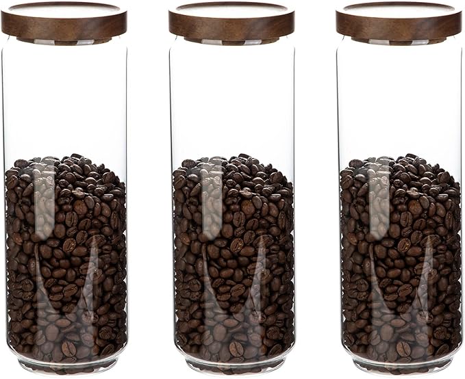 Glass Storage Jars with Wooden Lid Set of 3, 44 OZ High Borosilicate Glass Containers Kitchen Food Canisters s for Coffee Beans/Sugar/Noodles/Nuts/Cookies/Pasta