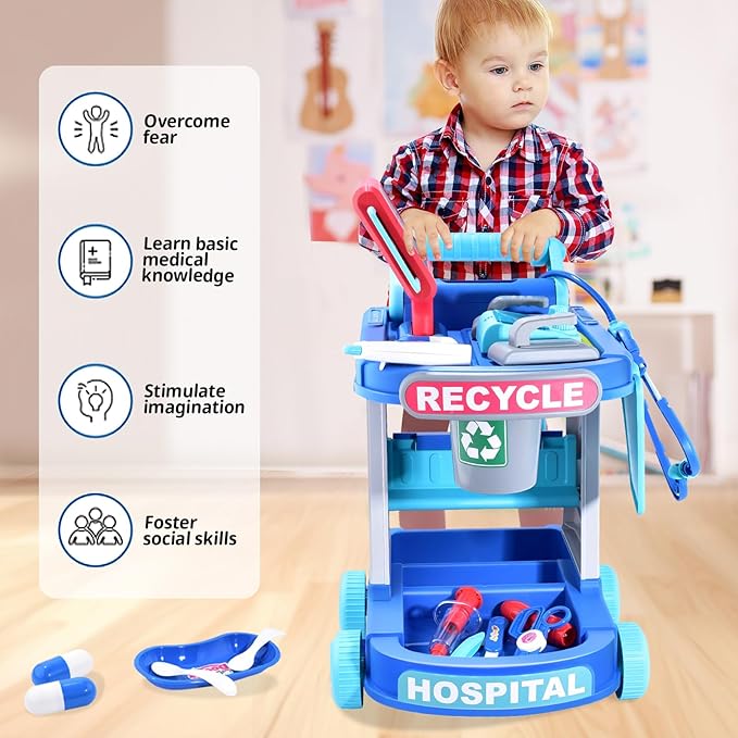 Doctor Kit for Toddlers 1-3-5 Doctors Costume for Kids Dentist Play Set Medical Set Dr Play Set Kids DR Kit Kid Dr Cart Kit Pretend Play Toys for 3 4 5 Years Old Girls